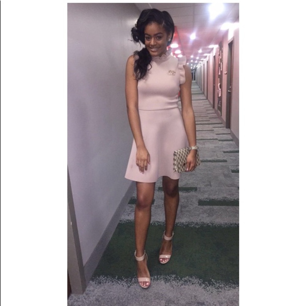 Beige neoprene cocktail dress with ruffle sleeve